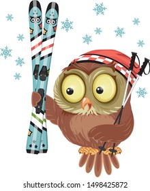 Winter Cartoon Owl with Mountain Skis, Ski Poles and Red Sport Hat. Falling Snowflakes in the Air. Vector Illustration Icon on the White Background. Best for Greeting Card, Poster, Web.