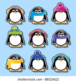 Winter Cartoon Penguin Stickers For Christmas Invitations And Cards And Holiday Social Media Emojis. EPS10 Vector Format.