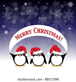 Winter cartoon penguins wearing Santa hats and holding a Merry Christmas banner against a night sky of stars and snowflakes. EPS10 vector format.