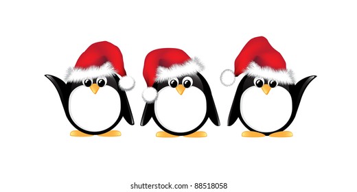 Winter cartoon penguins wearing Santa hats. Isolated on white. EPS10 vector format.