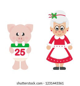 winter cartoon pig with christmas calendar and cartoon mrs santa