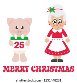 winter cartoon pig with christmas calendar and cartoon mrs santa and christmas text