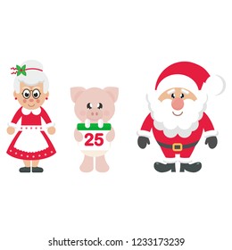 winter cartoon pig with christmas calendar and santa claus and cartoon mrs santa