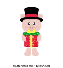 winter cartoon pig in hat with christmas gift