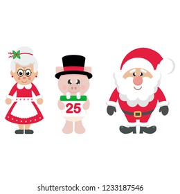 winter cartoon pig in hat with christmas calendar and santa claus and cartoon mrs santa