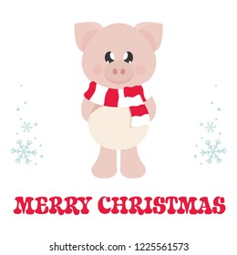 winter cartoon pig with scarf and christmas text