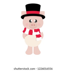 winter cartoon pig with scarf in hat