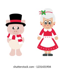 winter cartoon pig with scarf in hat and cartoon mrs santa