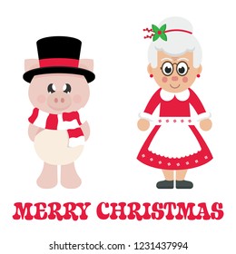 winter cartoon pig with scarf in hat and cartoon mrs santa and christmas text