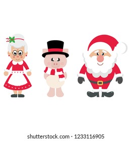 winter cartoon pig with scarf in hat and santa claus and cartoon mrs santa