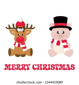 winter cartoon pig with scarf in hat sitting and сhristmas deer with christmas text
