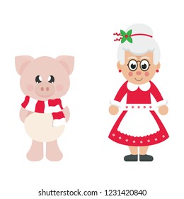 winter cartoon pig with scarf and cartoon mrs santa