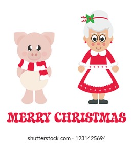 winter cartoon pig with scarf and cartoon mrs santa and christmas text