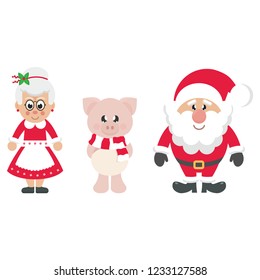 winter cartoon pig with scarf and santa claus and cartoon mrs santa