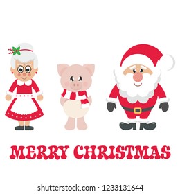 winter cartoon pig with scarf and santa claus and cartoon mrs santa and christmas text