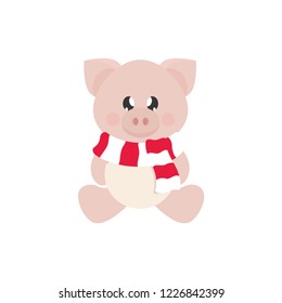 winter cartoon pig with scarf sitting