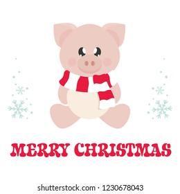 winter cartoon pig with scarf sitting and christmas text