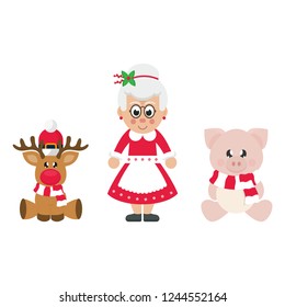 winter cartoon pig with scarf sitting and сhristmas deer and cartoon mrs santa