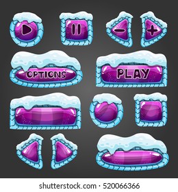 Winter cartoon purple buttons with snow. Game design