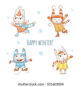 Winter cartoon rabbits set. Vector image.