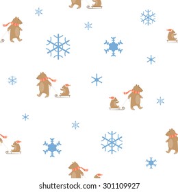 Winter cartoon seamless pattern with  bear family on white background. Father and  son, driving on  sledge.