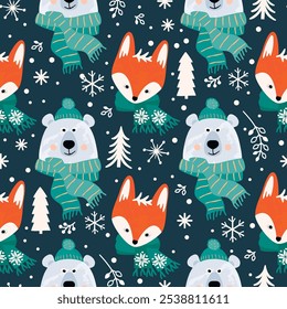 Winter cartoon seamless pattern with polar bear and fox.Cute characters heads in warm scarves and hat.Funny background with wild animals,snowflakes,trees and snowfall.Vector design in flat color style