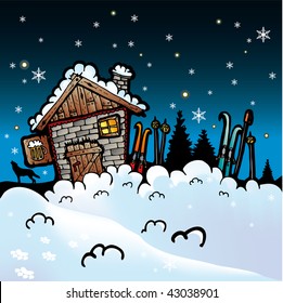 Winter cartoon vector background with snow and cottage