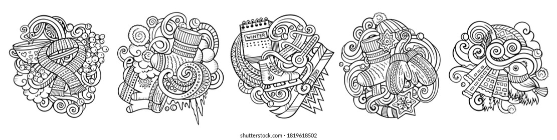 Winter cartoon vector doodle designs set. Line art detailed compositions with lot of seasonsl objects and symbols. Isolated on white illustrations