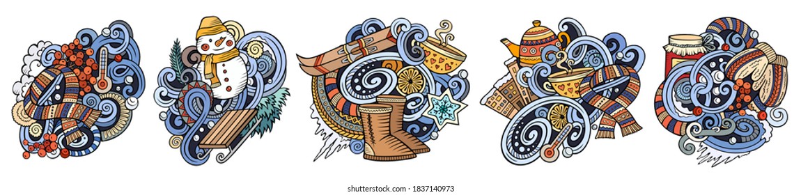 Winter cartoon vector doodle designs set. Colorful detailed compositions with lot of seasonsl objects and symbols. Isolated on white illustrations