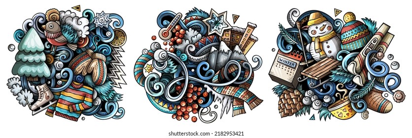 Winter cartoon vector doodle designs set. Colorful detailed compositions with lot of cold season objects and symbols. Isolated on white illustrations