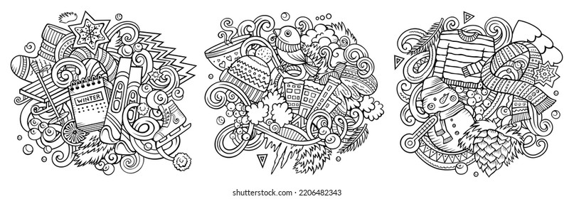 Winter cartoon vector doodle designs set. Sketchy detailed compositions with lot of cold season objects and symbols. Isolated on white illustrations