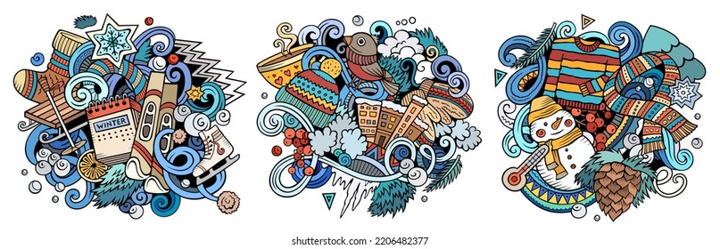 Diseños de doodles vectores de dibujos animados de invierno. Composiciones coloridas y detalladas con muchos objetos y símbolos de la época fría. Isolación en ilustraciones blancas