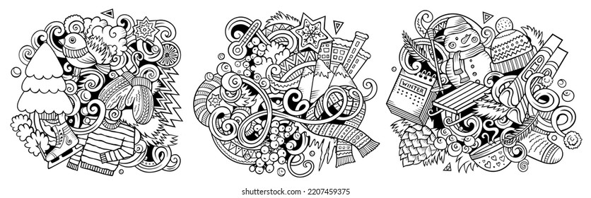 Winter cartoon vector doodle designs set. Sketchy detailed compositions with lot of cold season objects and symbols. Isolated on white illustrations