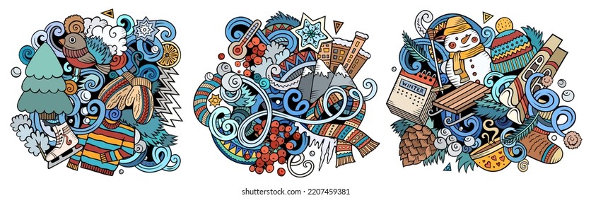 Winter cartoon vector doodle designs set. Colorful detailed compositions with lot of cold season objects and symbols. Isolated on white illustrations