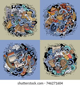 Winter cartoon vector hand drawn doodle illustration. Colorful detailed designs with lot of objects and symbols. 4 square composition backgrounds set. All objects are separated