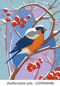 Winter cartoon vector illustration with fat bird bullfinch on branch with red rowan. Viburnum brushes in snow. Cold winter frozen ky in blue colours. Background, holiday christmas postcard. 