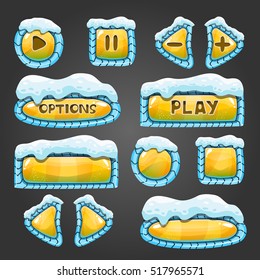 Winter cartoon yellow buttons with snow. Game interface design