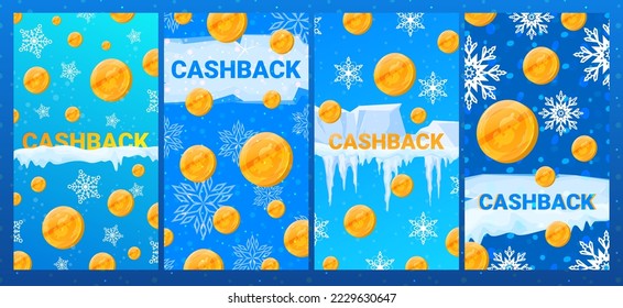 Winter cashback banner, cash background, sale promotion concept, offer sign, design, in cartoon style vector illustration.