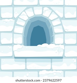 Winter Castle Embrasure, Brick Wall Covered in Snow, Seamless Pattern, Fortified Hole. Cartoon Hand Drawn Bricks Asset for Game, Design, UI, Textile or Cafes