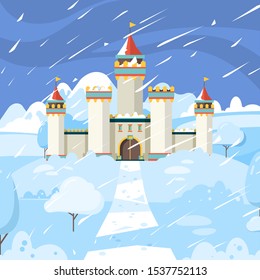 Winter castle. Fairytale frozen medieval kingdom building in snow magic landscape vector background