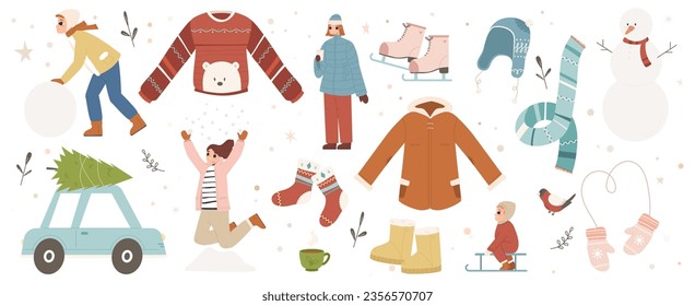 Winter casual characters, happy adults and kids. Snowy season outfits, sweater, socks and boots. Baby on sledding, teacup and snugly hat vector clipart