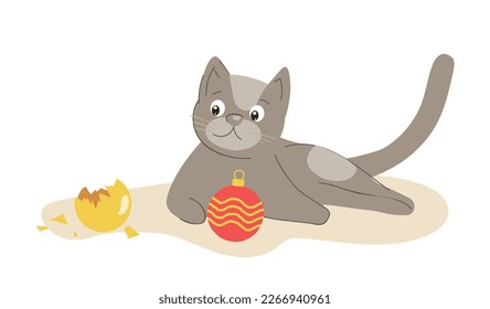 Winter cat with ball. Adorable kitten with toy for Christmas tree. Gray pet lies and plays. Comfort and coziness in apartment, chaos and mess. Cartoon flat vector illustration