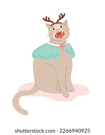 Winter cat in deer costume. Charming kitten with wings and horns. Poster or banner for website. Domestic pet, mammal and playful character. Cartoon flat vector illustration