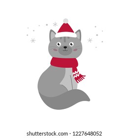 Winter cat. Grey cat with scarf and hat. Snow. Isolated on white. Vector