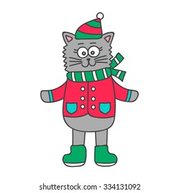 Winter cat. Hand drawn doodle kitten in winter clothes. Cute animal for kids design. Vector. Isolated.