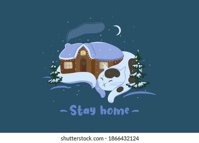 Winter cat and house. Inscription Stay home. Vector graphics.