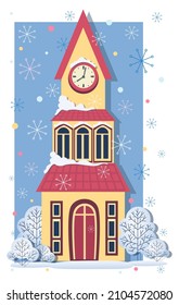 Winter Cathedral. Old cathedral with tower. Ancient church. Tall building with a clock on a blue backgroun. Colored flat vector illustration for childrens notebook, calendar, album.