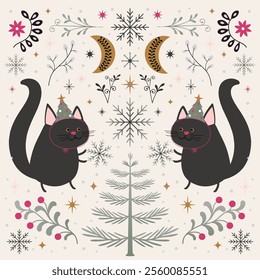  Winter Cats with Festive Hats and Snowflakes Illustration. Charming winter-themed illustration, two playful black cats wearing festive party hats, snowflakes, floral elements. Vector illustration 