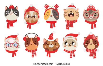 Winter Cats In Scarf And Hat. Cute Pet Wearing Christmas Accessory As Earmuffs And Party Santa Hats. Adorable Kittens Yawning, Smiling With Closed Eyes, Domestic Animal Vector Illustration