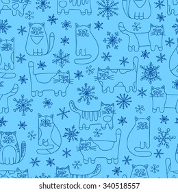 Winter cats. Seamless pattern with doodle cats and snowflakes. Hand drawn vector animals. Blue colors.